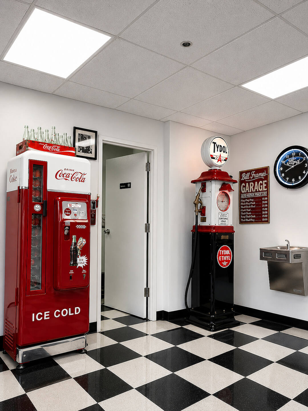The waiting room, with a restored Coca-Cola machine, a Tydol gas pump and a black and white checkerboard floor